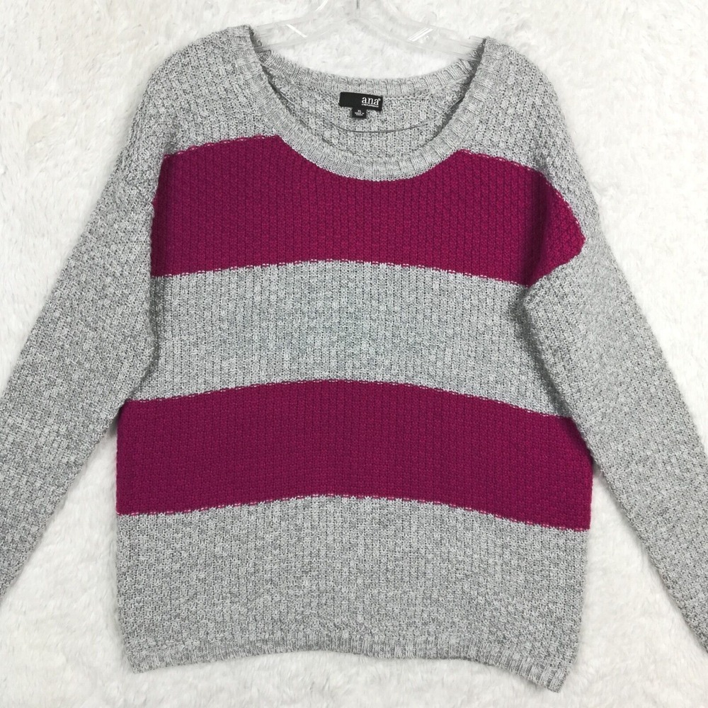 A.N.A Womens Sweater Striped Gray Fuschia Pink Crew Neck Basket Weave Cozy XL